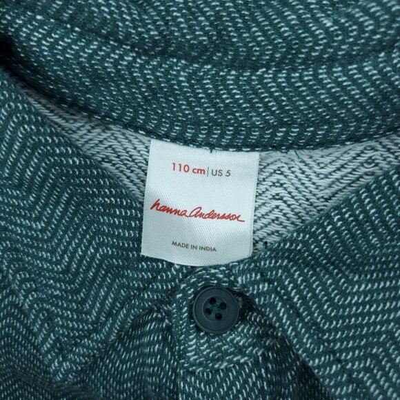 Hanna Andersson Button Shirt Boys 5 110cm Green Pockets Herringbone Cotton LS - Picture 2 of 9